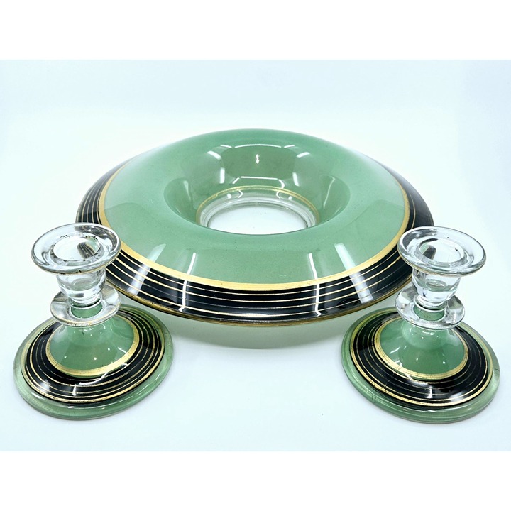 1930s 3 Pc Paden City glass Rolled Edge Console Bowl w/candlesticks Green, Gold