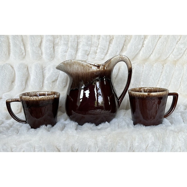 Vintage 1960s McCoy USA 365 Brown Glaze Drip Pitcher & 2 Cups/mugs Excellent