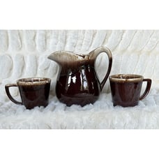 Vintage 1960s McCoy USA 365 Brown Glaze Drip Pitcher & 2 Cups/mugs Excellent