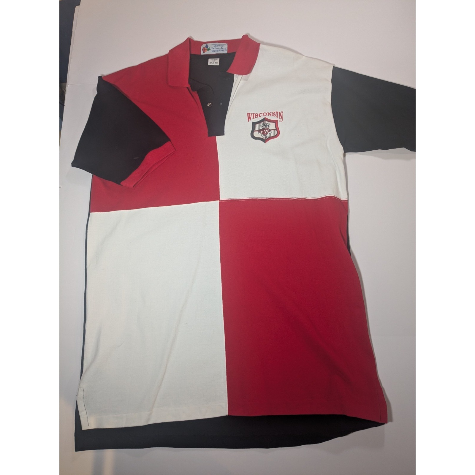 Vintage Wisconsin Badgers Polo Shirt Mens XL Checkerboard Midwest Embroidery