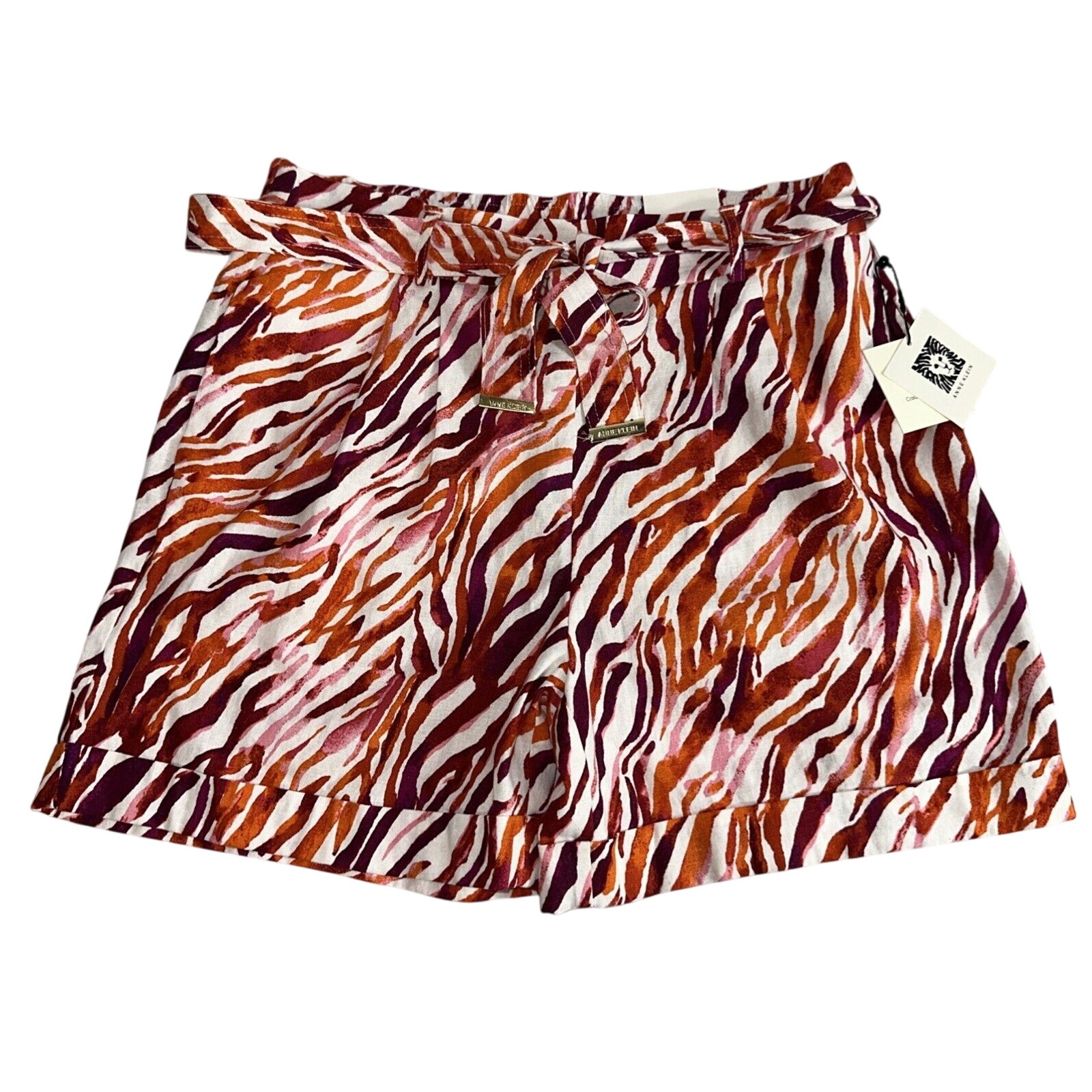 Anne Klein Spicy Orange Multicolor Linen Zebra Print Pockets Shorts Medium New