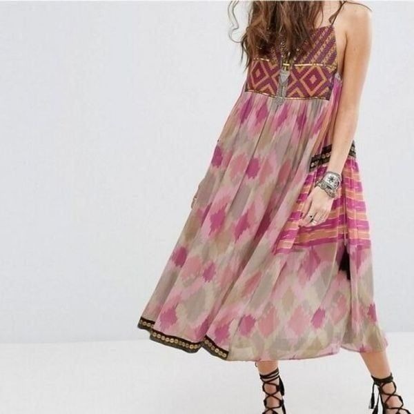 NWT Free People Home Sweet Home Embroidered Strappy Boho Flowy Midi Dress Small