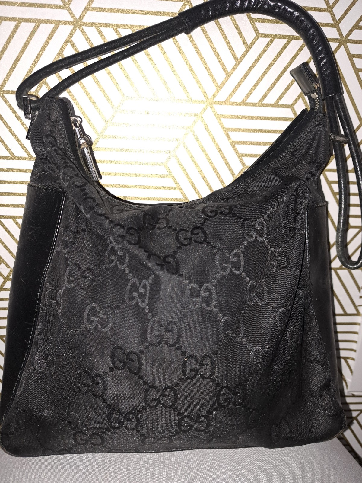 Authentic GUCCI Shoulder Hand Bag Purse GG Nylon Leather 0013766 Black