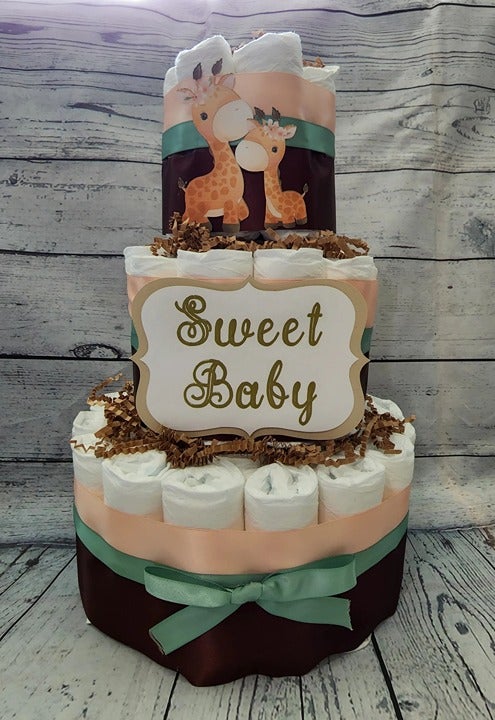 3 Tier Diaper Cake - Giraffe with Peach Brown and Sage Green Diaper Cake ,GIFT