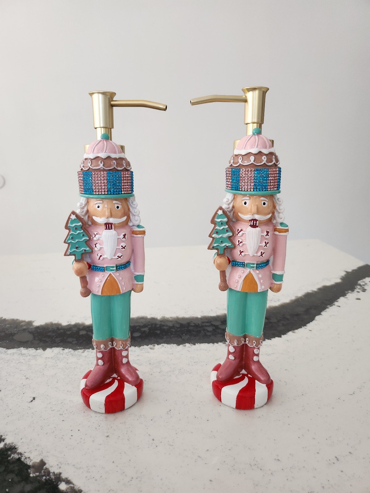 New Christmas Pastel Nutcracker Candy Sweets Refillable Soap Dispenser Set of 2