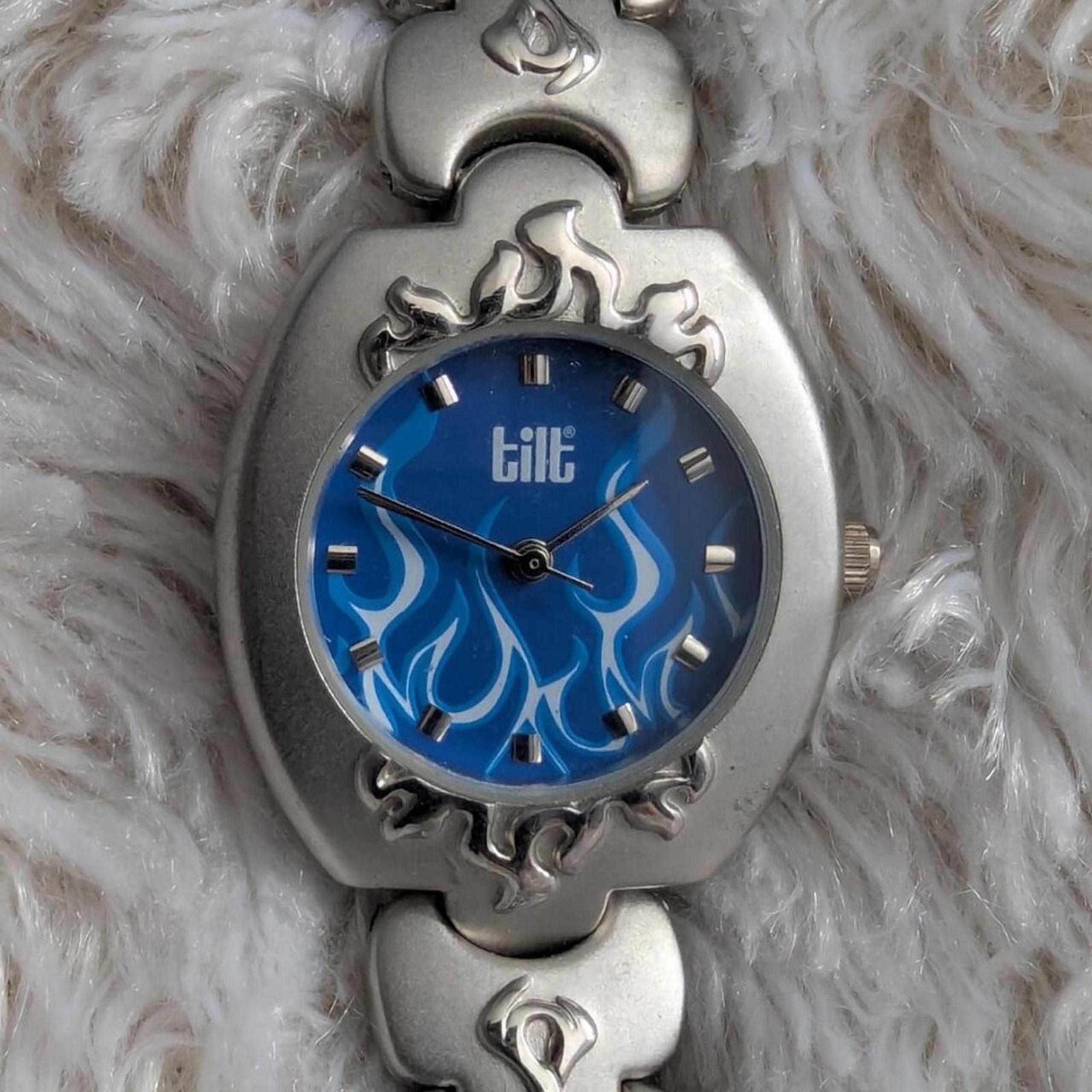 Tilt 27mm Silver-Tone Ladies Quartz Watch  Matte Finish, Blue Flames