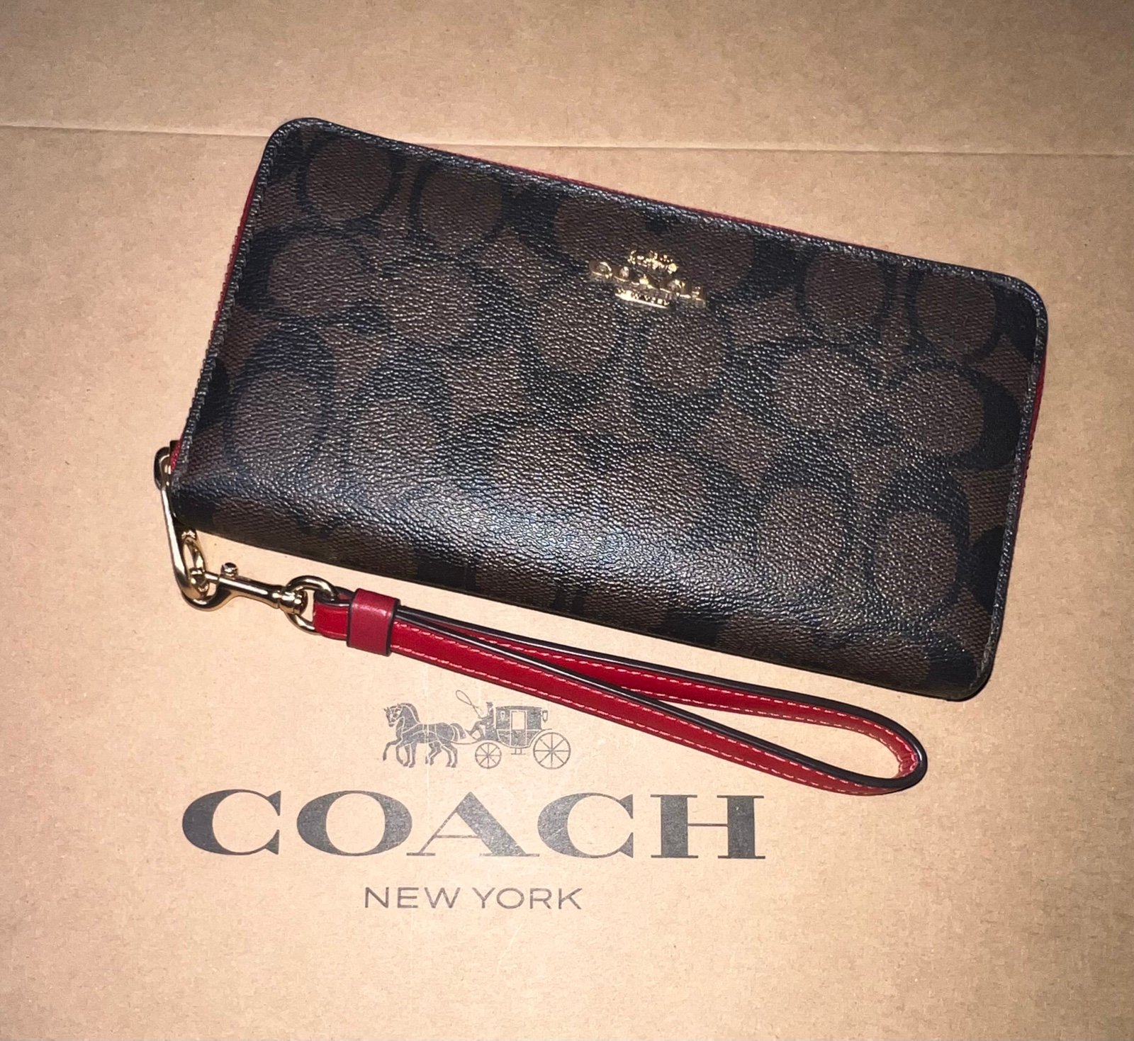 COACH Long Zip Around Wallet Signature Canvas Brown & Red Gold Hardware C4452