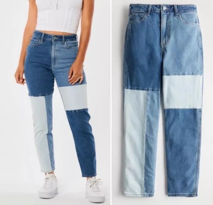 NEW Hollister Patchwork Ultra High Rise Mom Jeans Blue Navy Cotton Ankle Crop 26