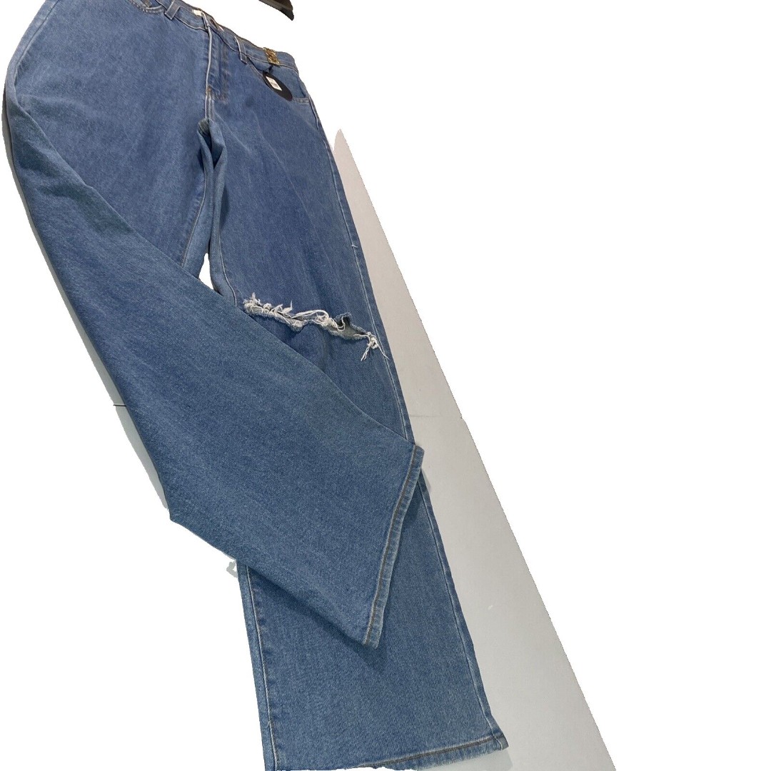Vibrant Jeans Women’s 9 W28 Denim Blue Distressed Wide Flare Leg Made In USA NWT