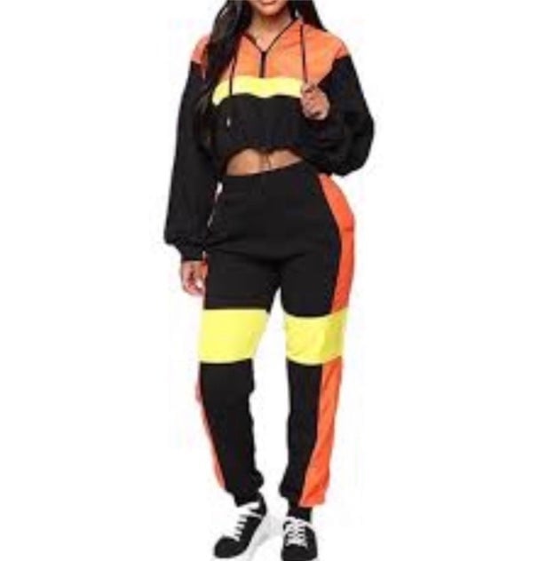 TWO PIECE SET HOODIE CROP TOP DRAWSTRING WOMEN TRACKSUIT-VARIOUS SIZES