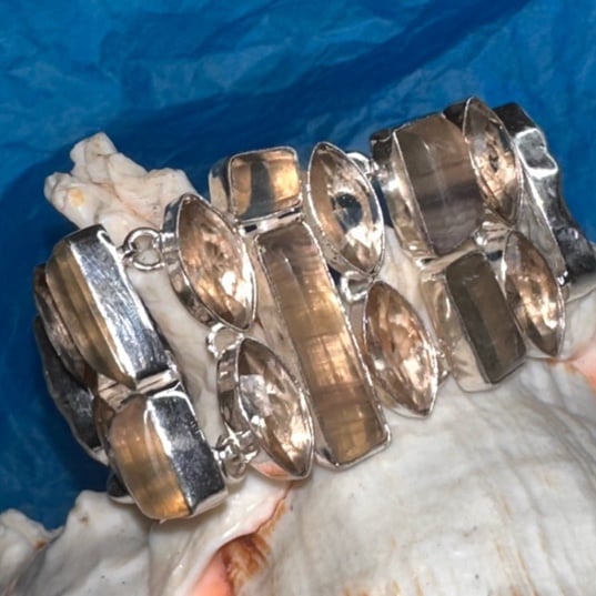 Fluorite + Biwa Pearl cluster statement bracelet cuff