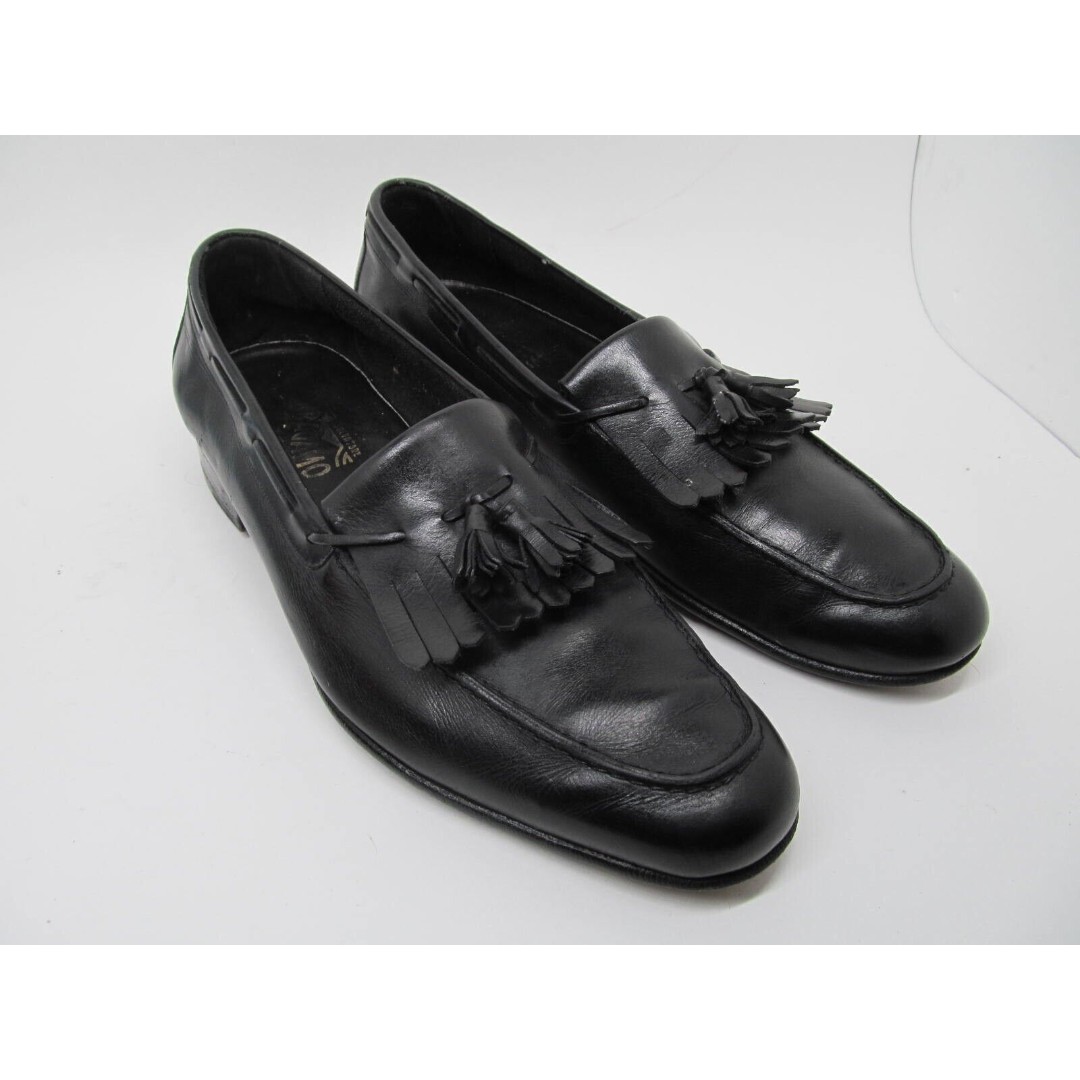 Salvatore Ferragamo Mens Black Leather Kiltie Tasseled Loafers Size US 10.5 B