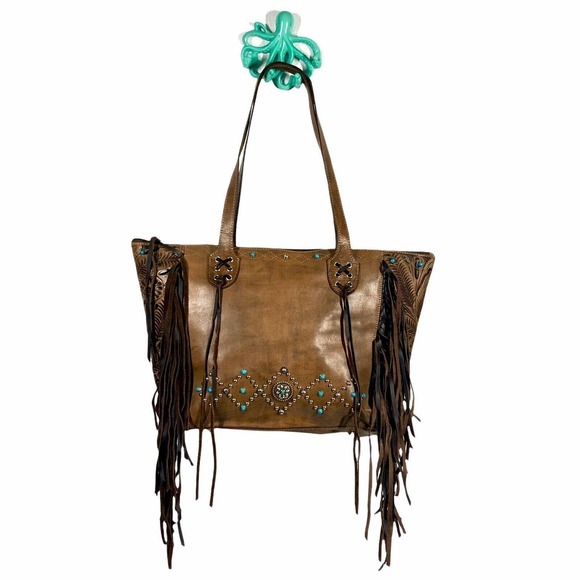 American West Brown Leather Hand Tooled Studded Turquoise Fringed Shoulder Bag