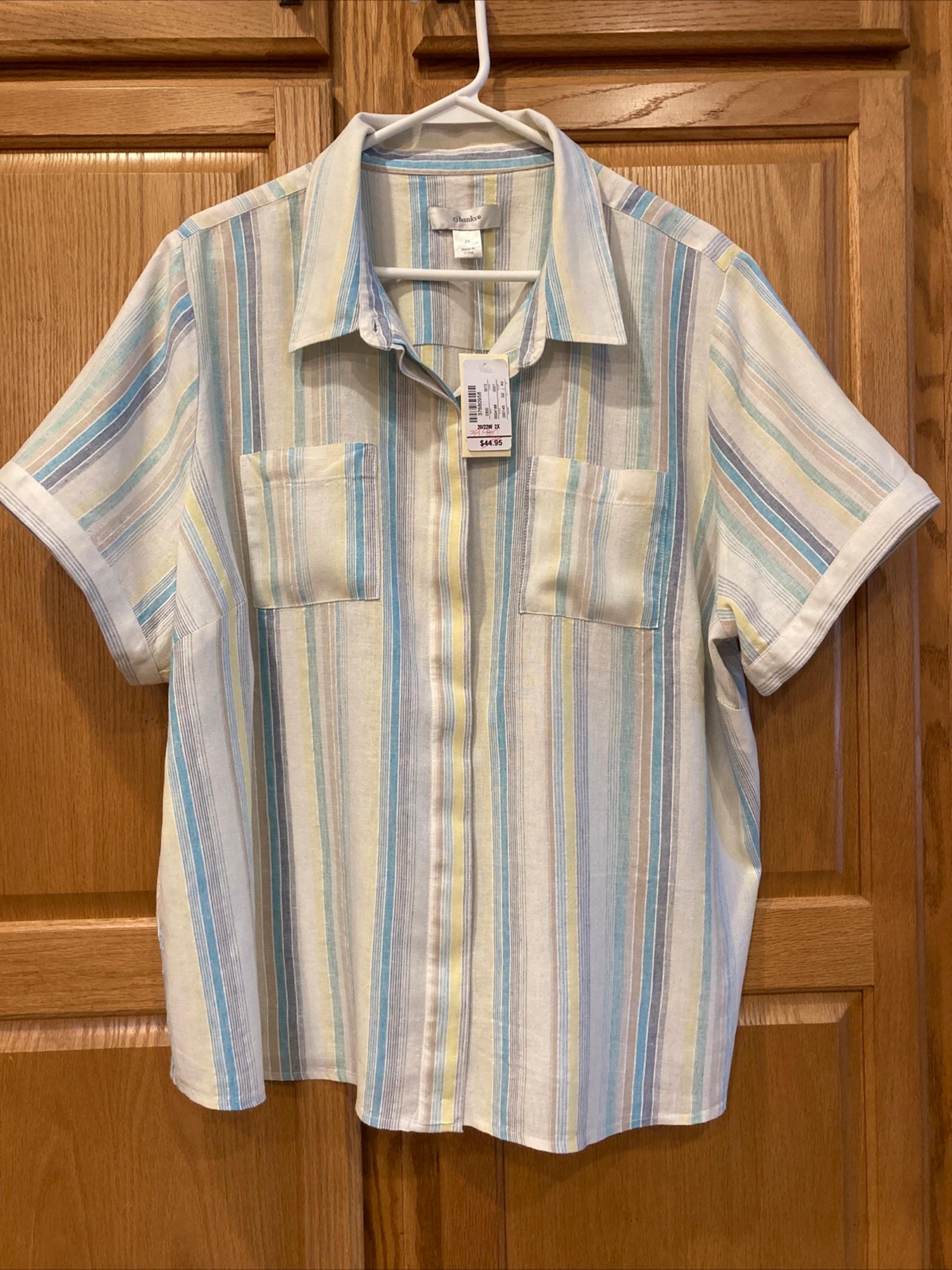 CJ BANKS LINEN BLOUSE PLUS 2X BLUE WHITE CHAMBRAY PINSTRIPE POCKETS SS WOMENS
