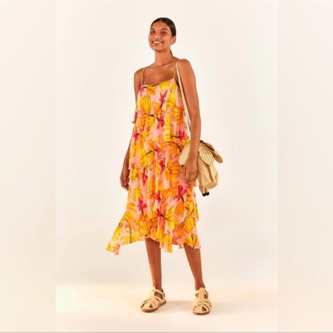 Farm Banana Taste Sleeveless tiered midi dress size XL