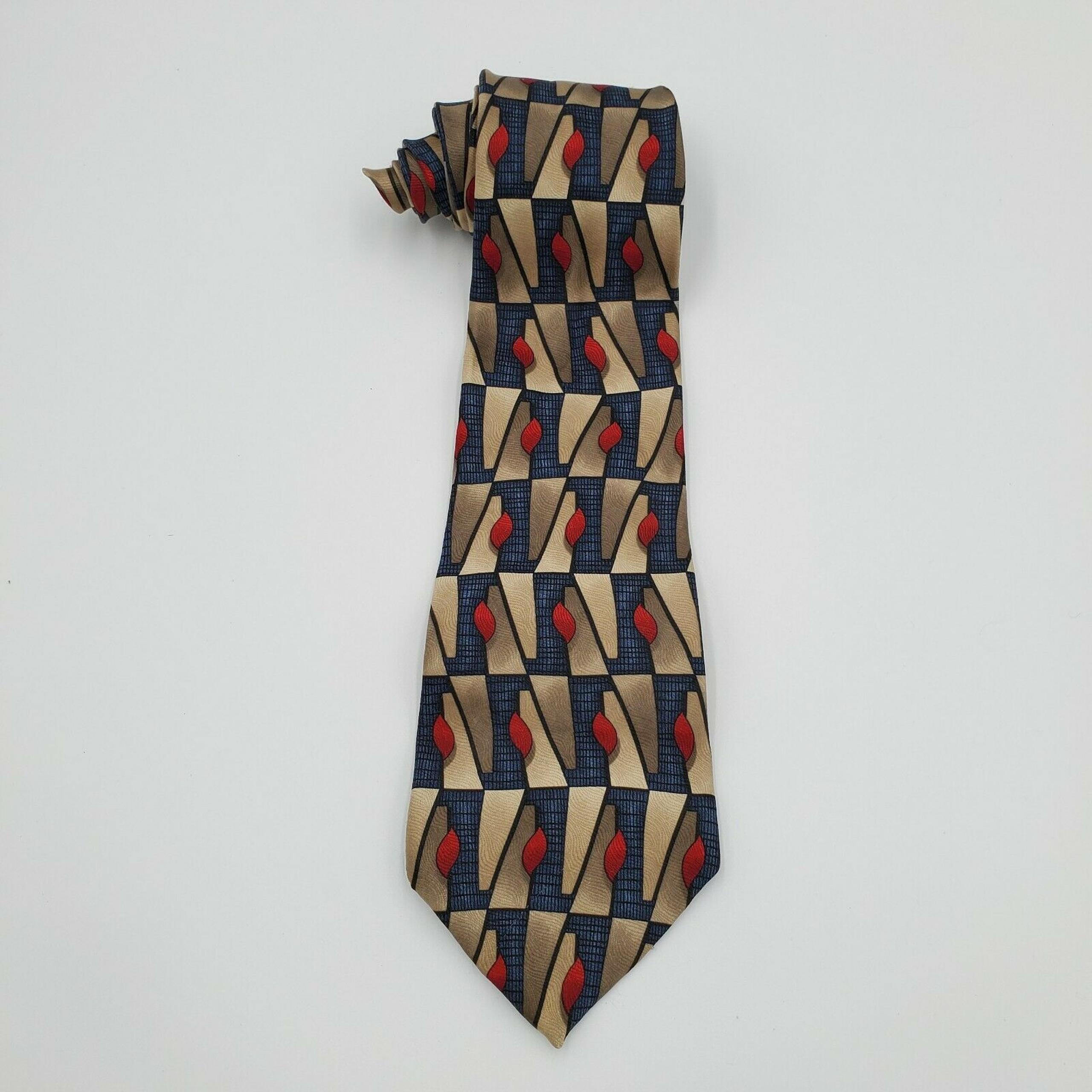 Preswick And Moore Vintage Men's Tie 100% Imported Silk Blue Tan Red Made In USA