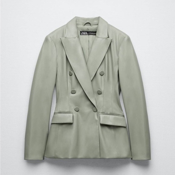 NWT. Zara Green Faux Leather Double Breasted Blazer. Size XS.