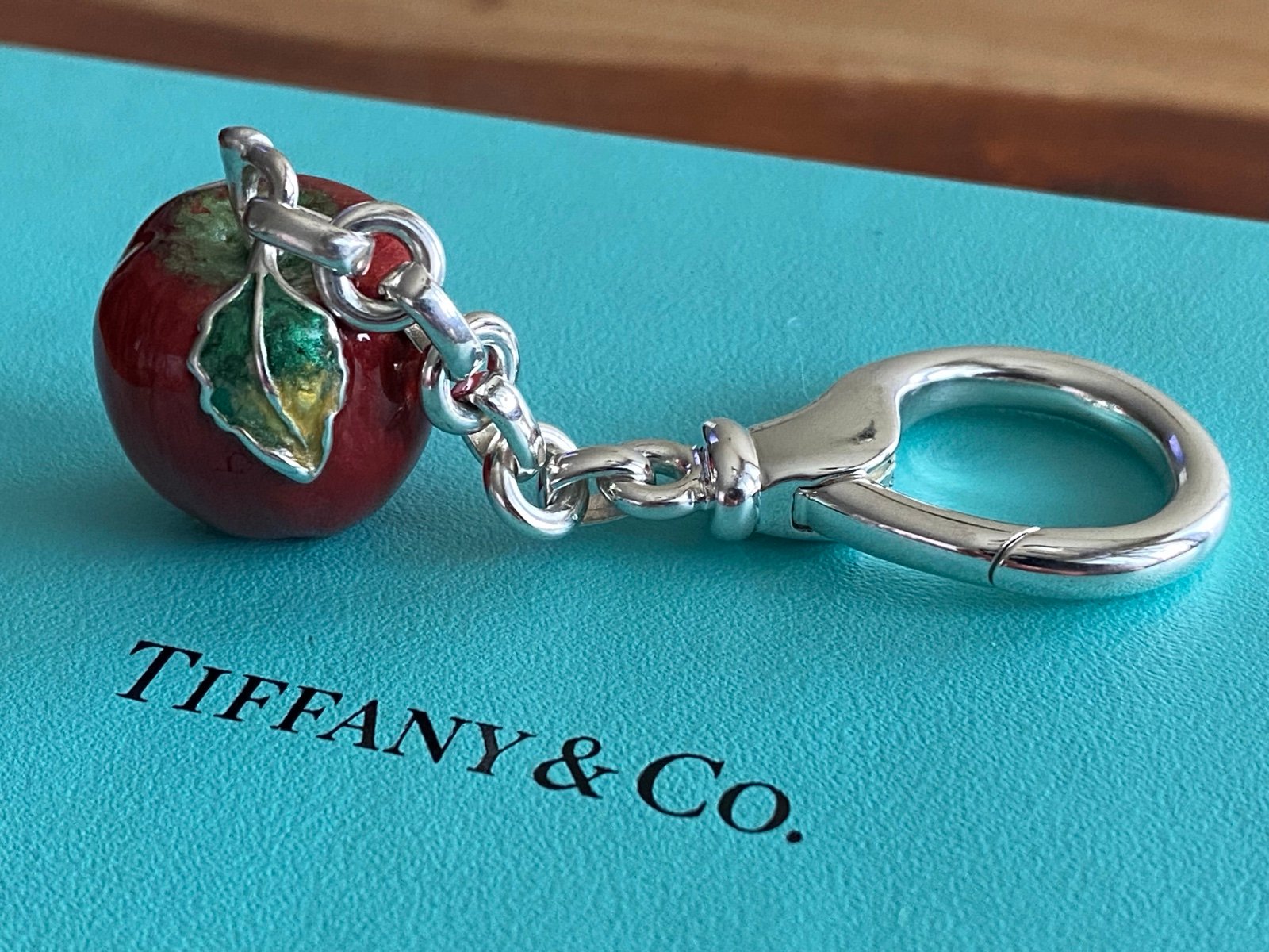 Ultra Rare Tiffany & Co Sterling Silver Enamel Apple Key chain