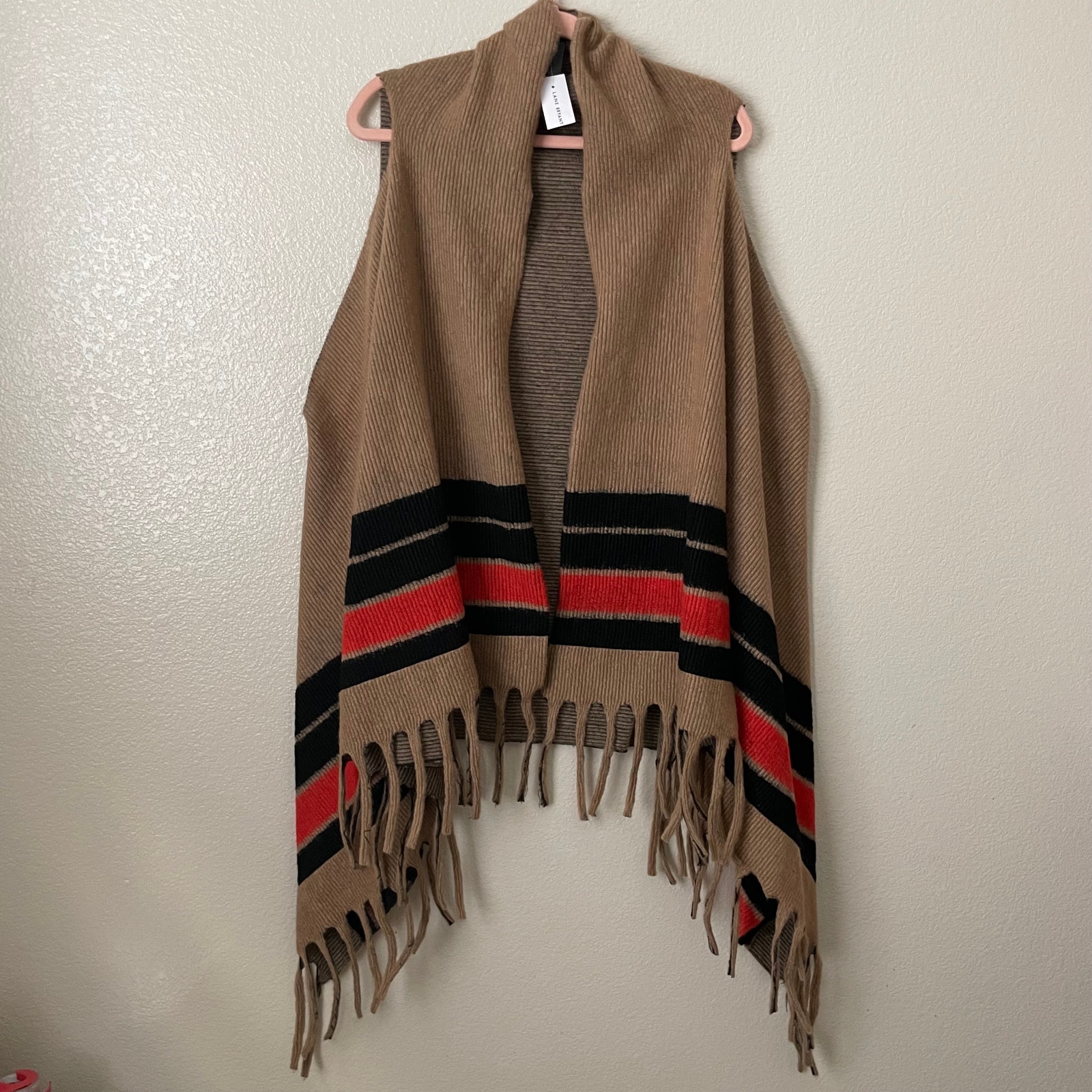 Lane Bryant Poncho Womens 14/20 Tan Open Front Striped Fringe Cardigan Duster