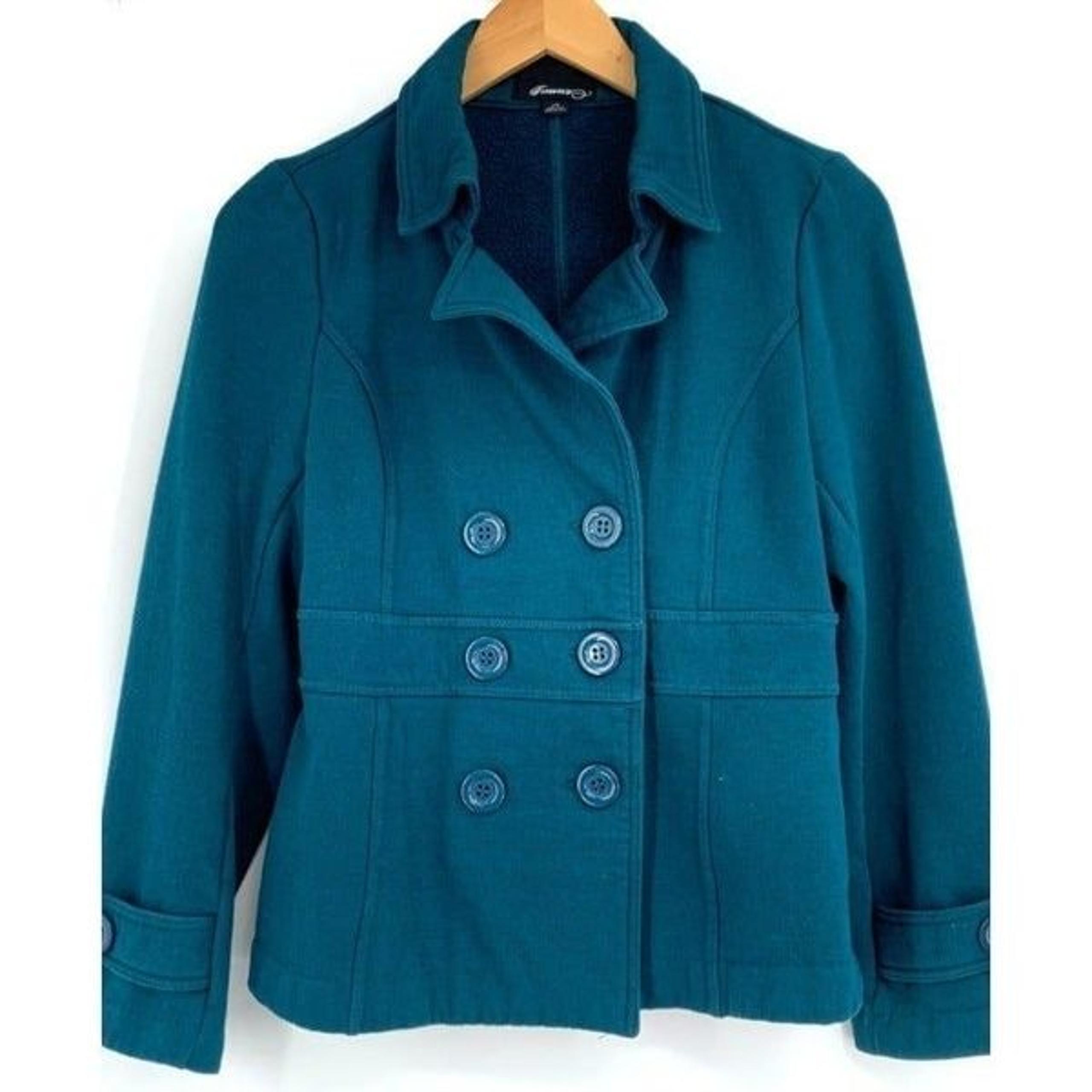 Womens Forever 21 Terry Fleece Jacket Size Large Green Double Breast 1460