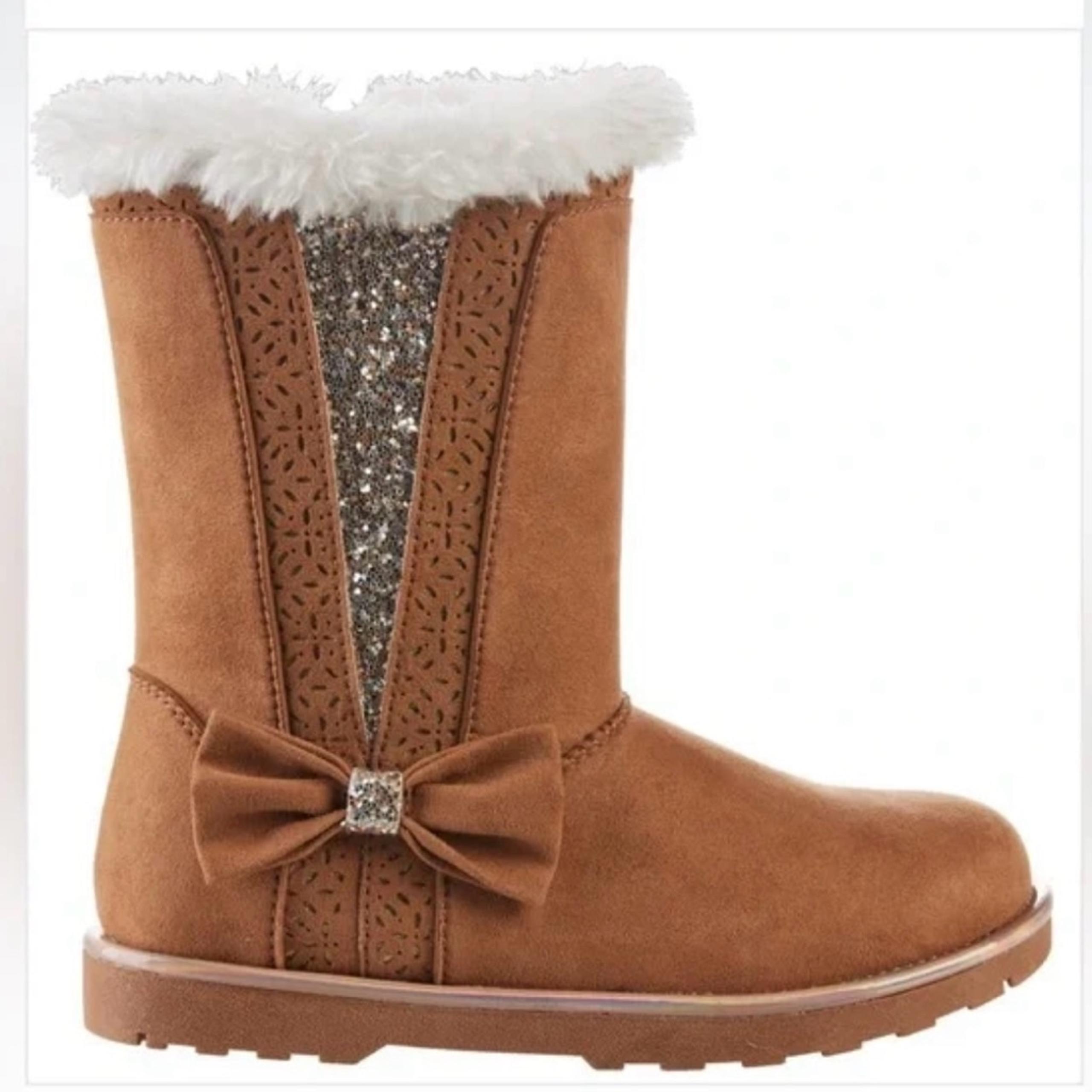 Girls' Magellan Glitter Bow Faux Fur Boots, Size 12, Brown