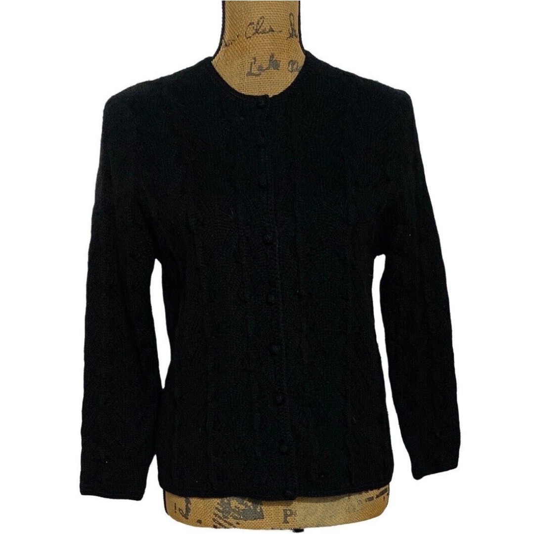 Rosanna VTG Cardigan Sweater Virgin Wool 42 Black Handloomed Cable Knit 3/4 Sl L