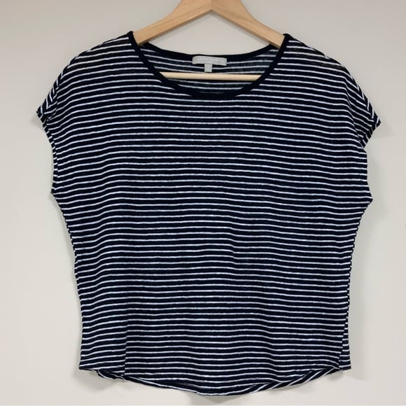 JOAN VASS Linen Shirt Women’s Small Short Sleeve Top Black White Stripe Relaxe