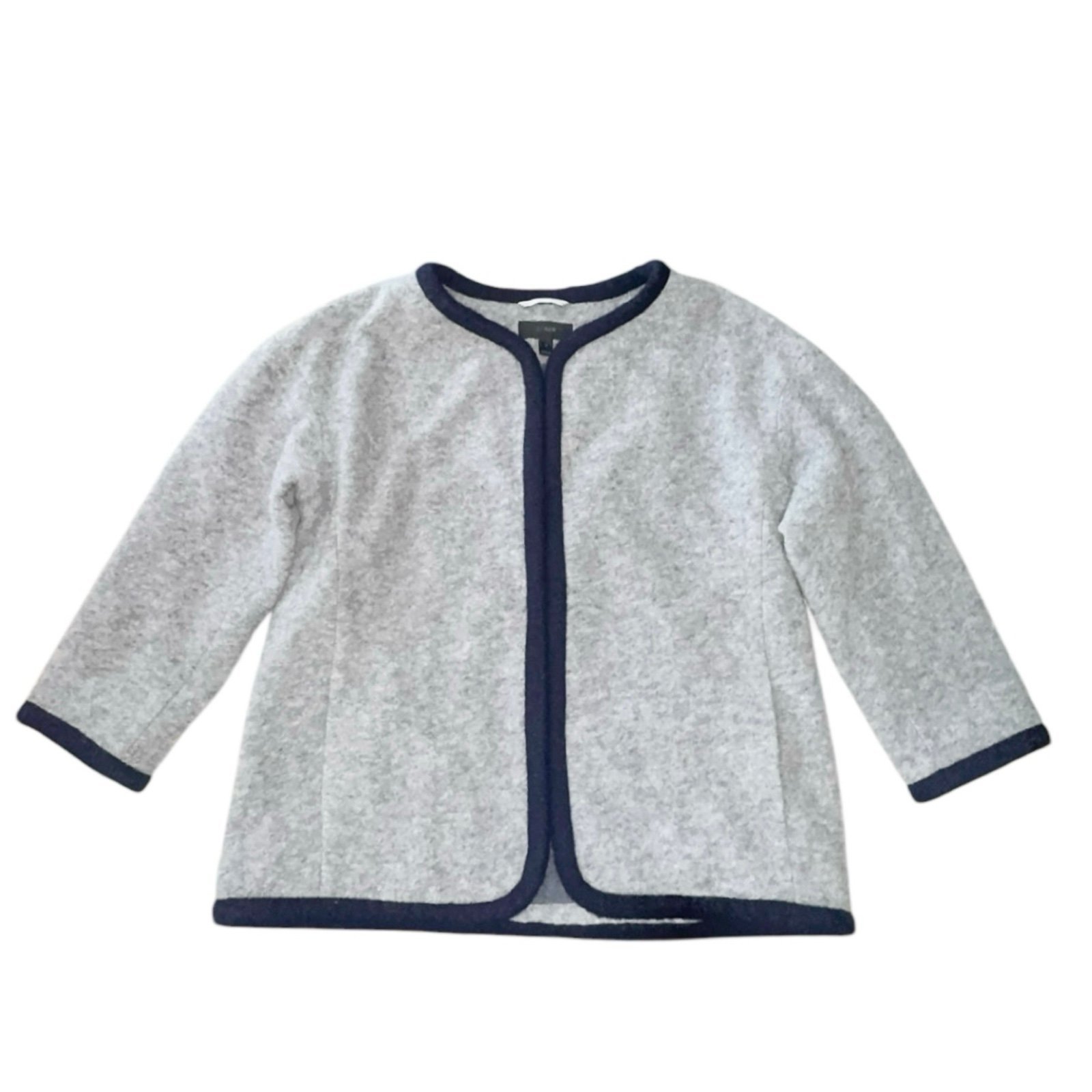 J. Crew Boiled Wool Gray Navy Trim Open Front Crop Sweater Jacket Small