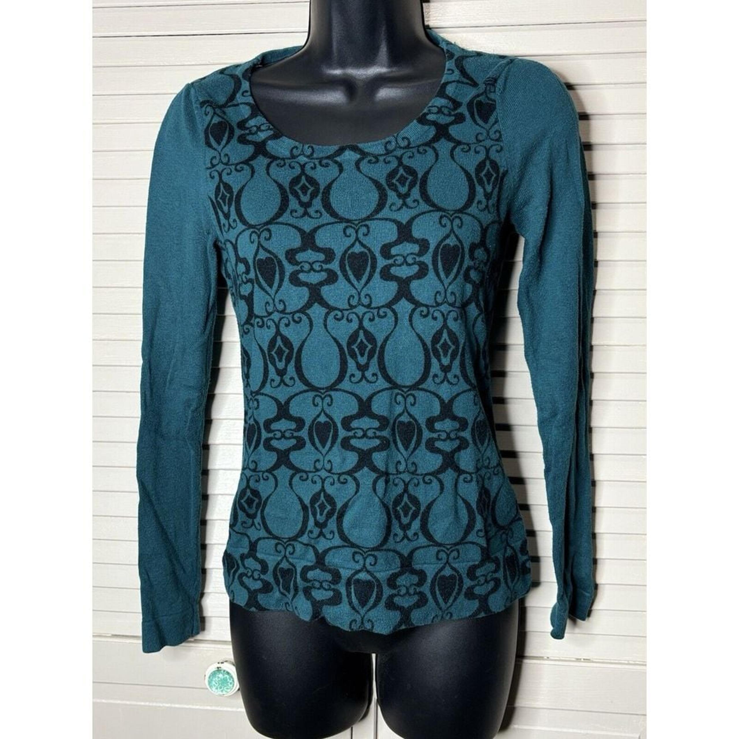 Turquoise/Black Paisley Knit Long Sleeve Sweater Size Small Scoop Neck - Mossimo