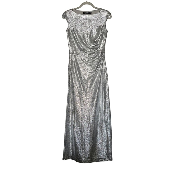 Lauren Ralph Lauren Silver Metalic Shimmery Boat Neck Formal Evening Gown Size 2