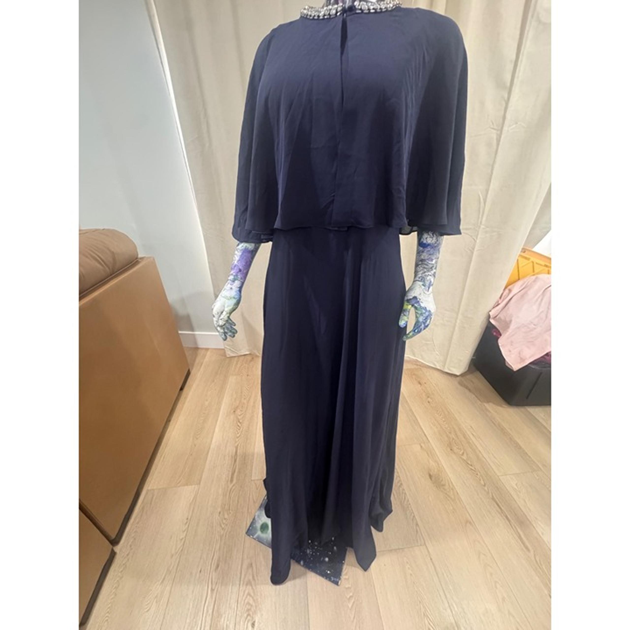 Calvin Klein Navy Blue Sleeveless Maxi Dress With Sheer Cape Overlay Womens Size