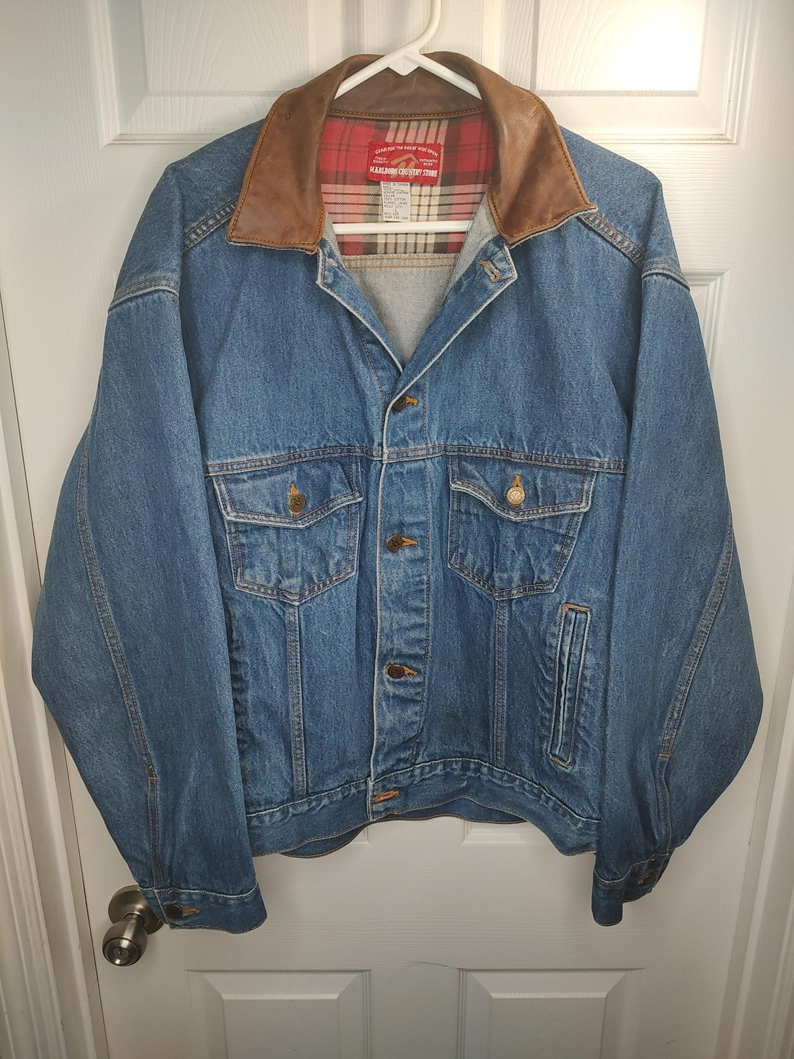 Vintage MARLBORO COUNTRY STORE Leather Collar Denim Jean Jacket Mens Sz Large