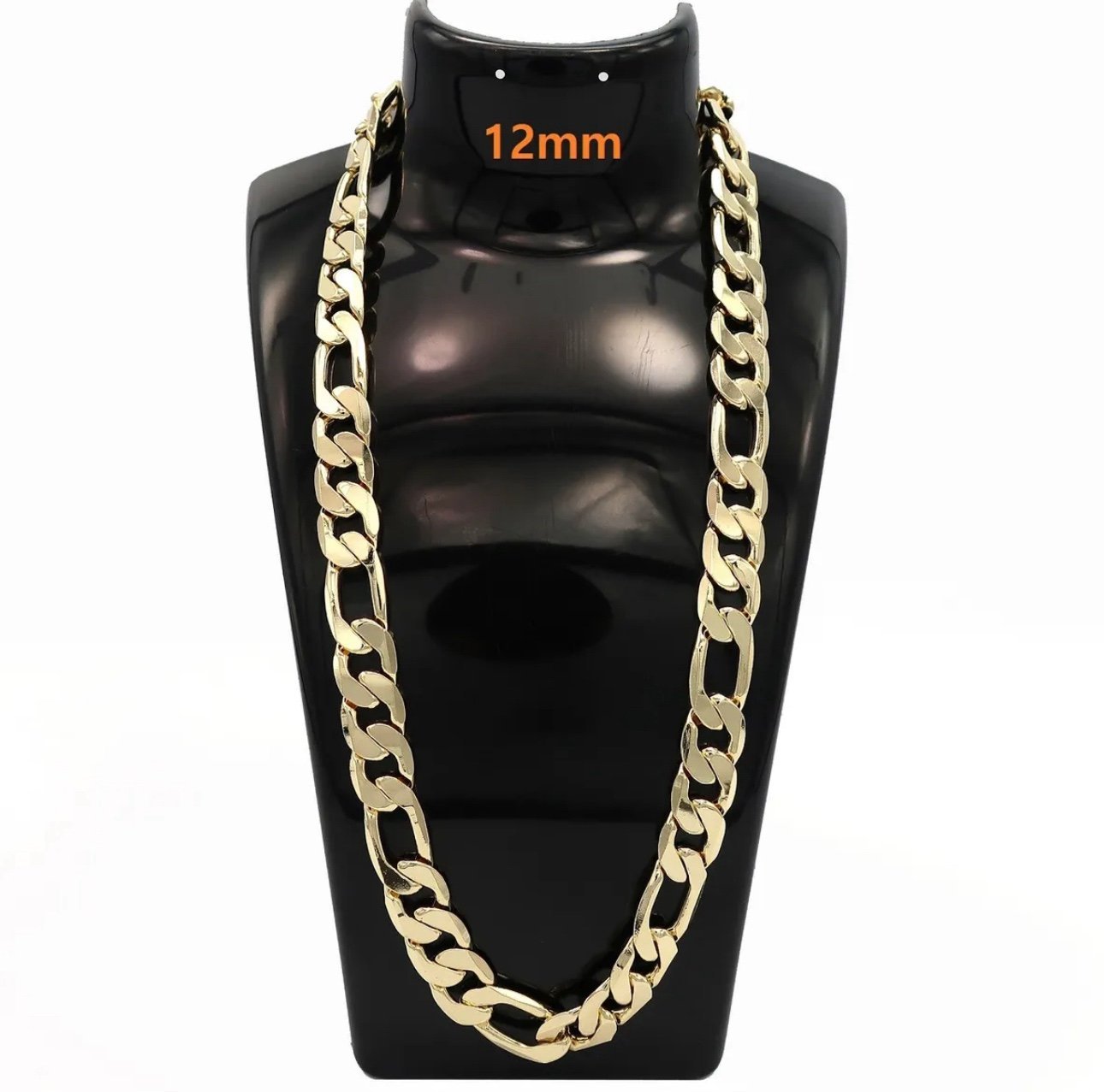12mm Italian Figaro Link Chain Necklace 14k Gold Plated