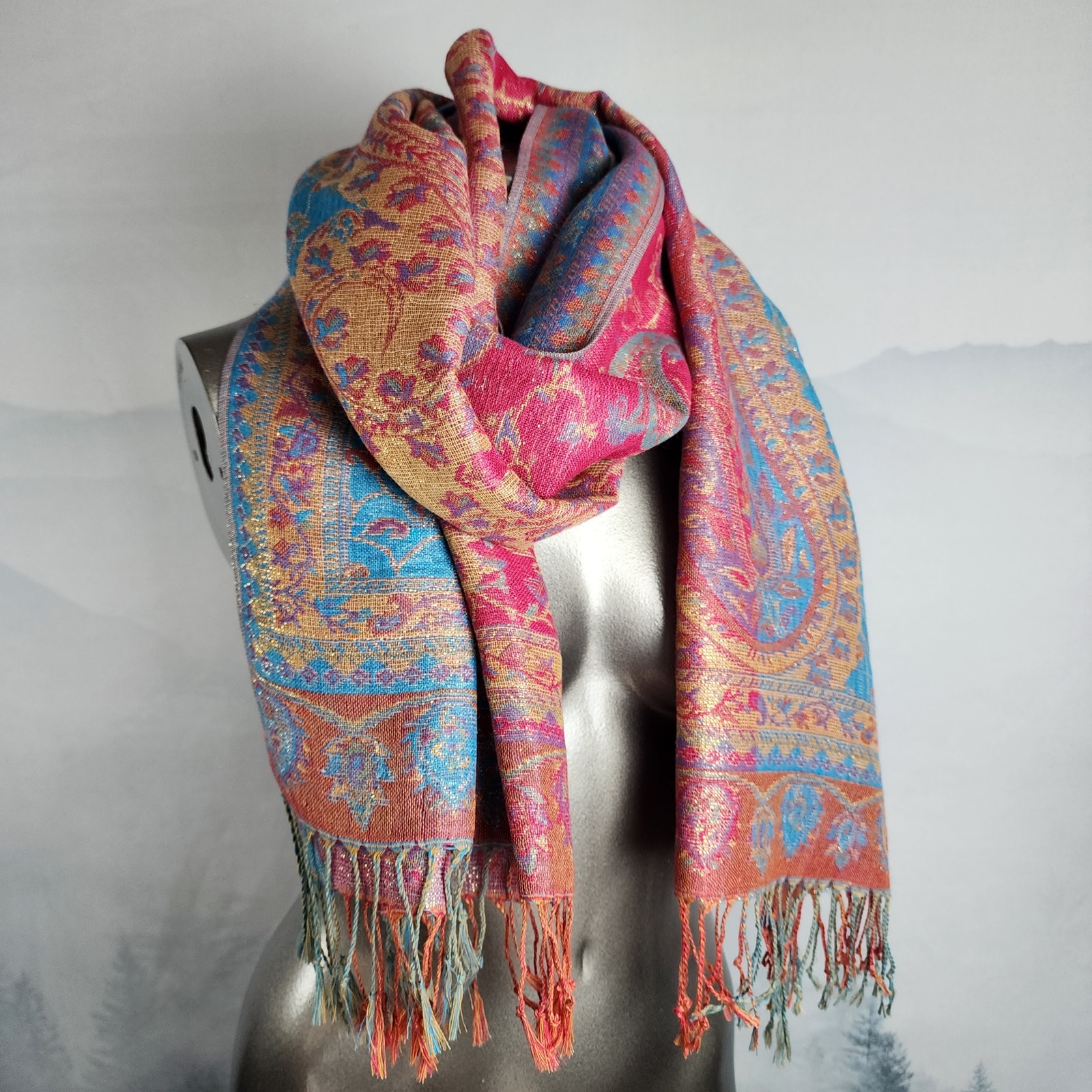 JNS Pink and Blue Reversible Paisley Fringe Scarf / Wrap