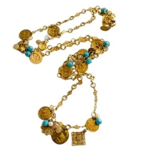 VTG Liz Palacios San Francisco necklace charm pearl turquoise coin Signed gold