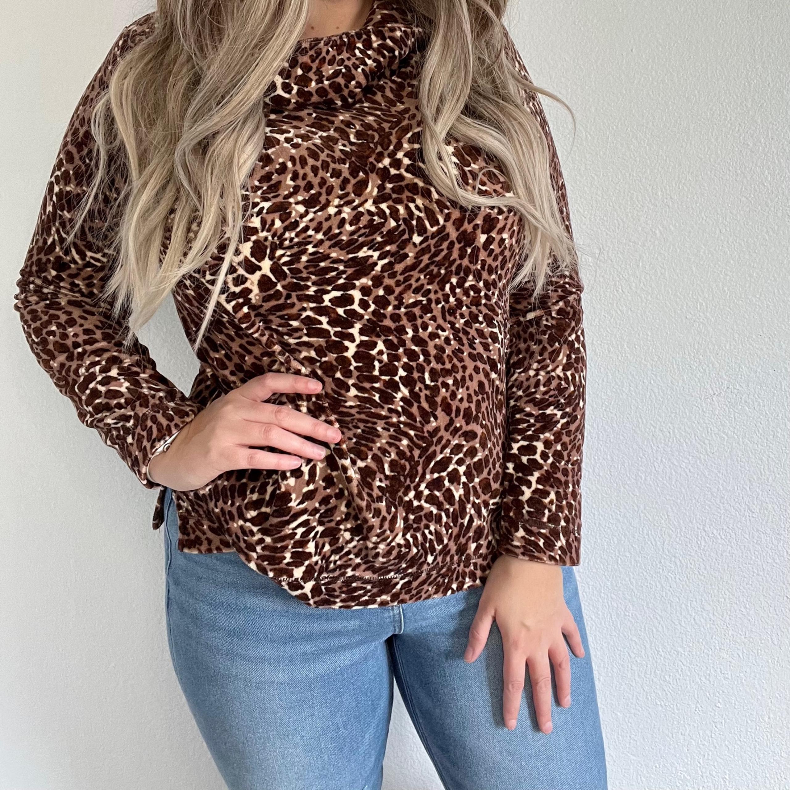 White Stag Cheetah Animal Print Cowl Neck Sweater Medium