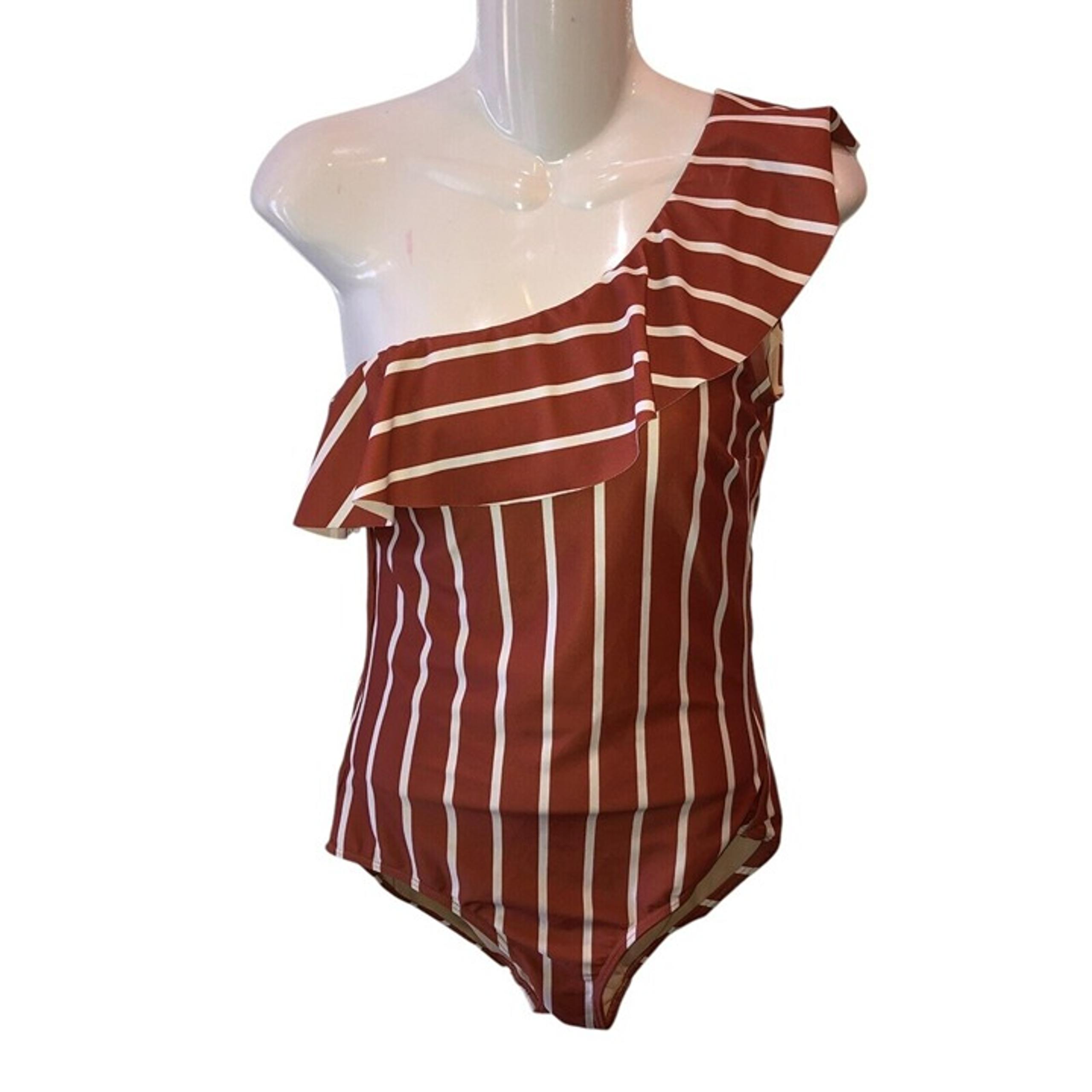 Albion Womens Medium Brown Striped Ruffled One Shoulder One Piece Swimsuit Sz M