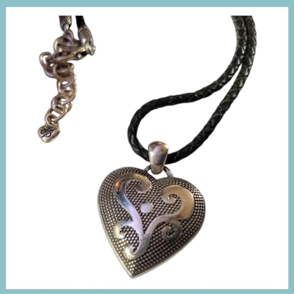 Brighton SHEBA Silver Scrolled Heart Pendant Black Braid Leather Necklace 0980