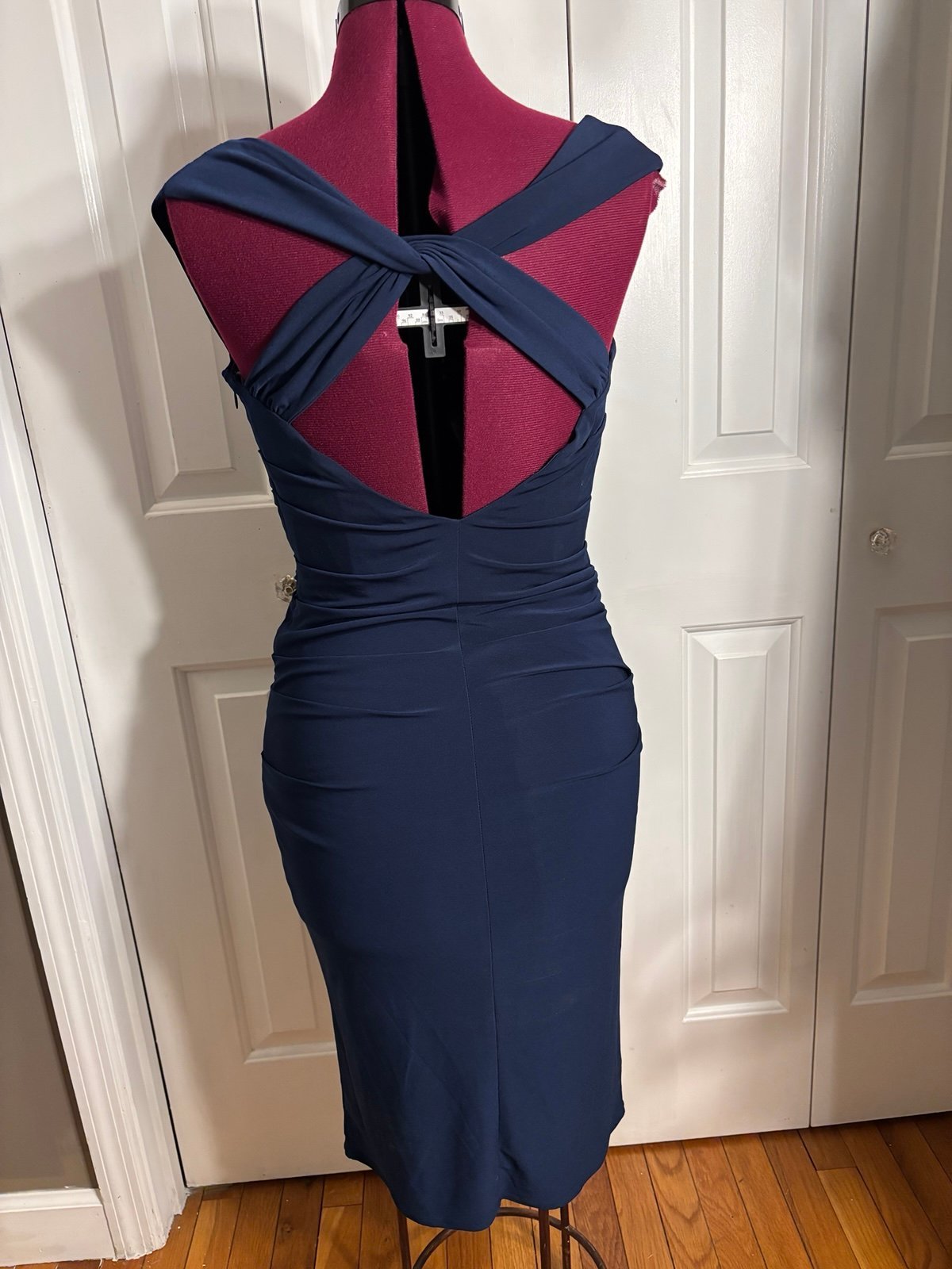 Elegant Blue Ruched BodyCon Dress w Corset Top, Cap Sleeve & Open Back. 8