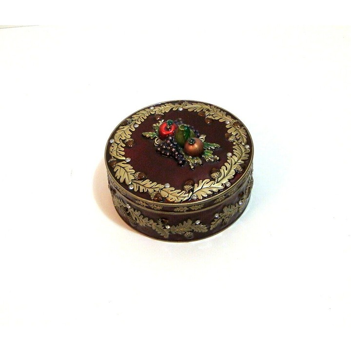 Large Enamel Trinket Box with Fruit and Oak Leaves Design