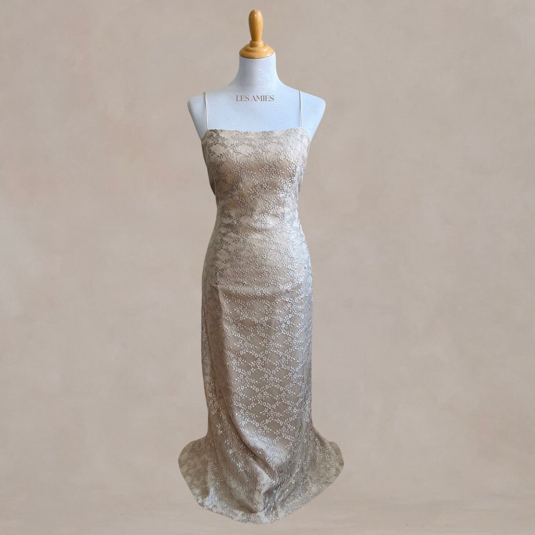 Vintage 90s Michaelangelo Champagne Lace Long Formal Dress 12 USA