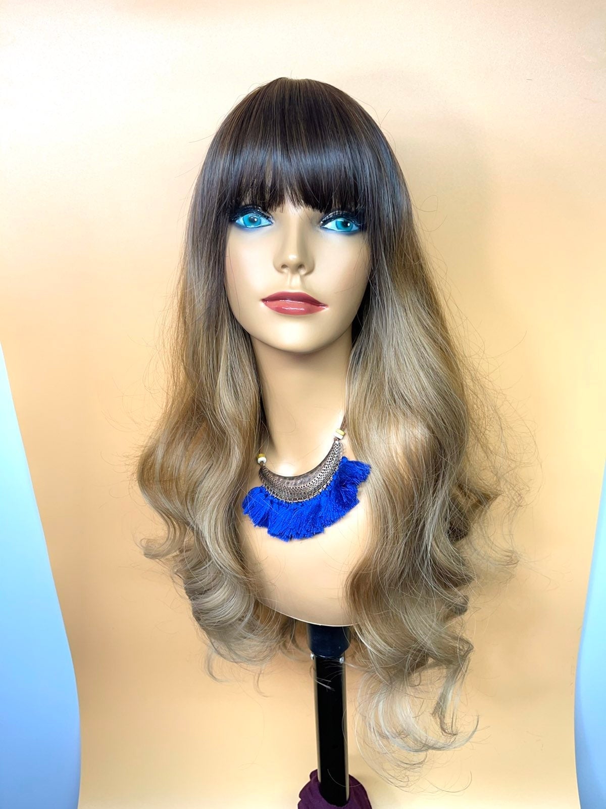 24 Ombre Blond Brown Bangs Synthetic Wig