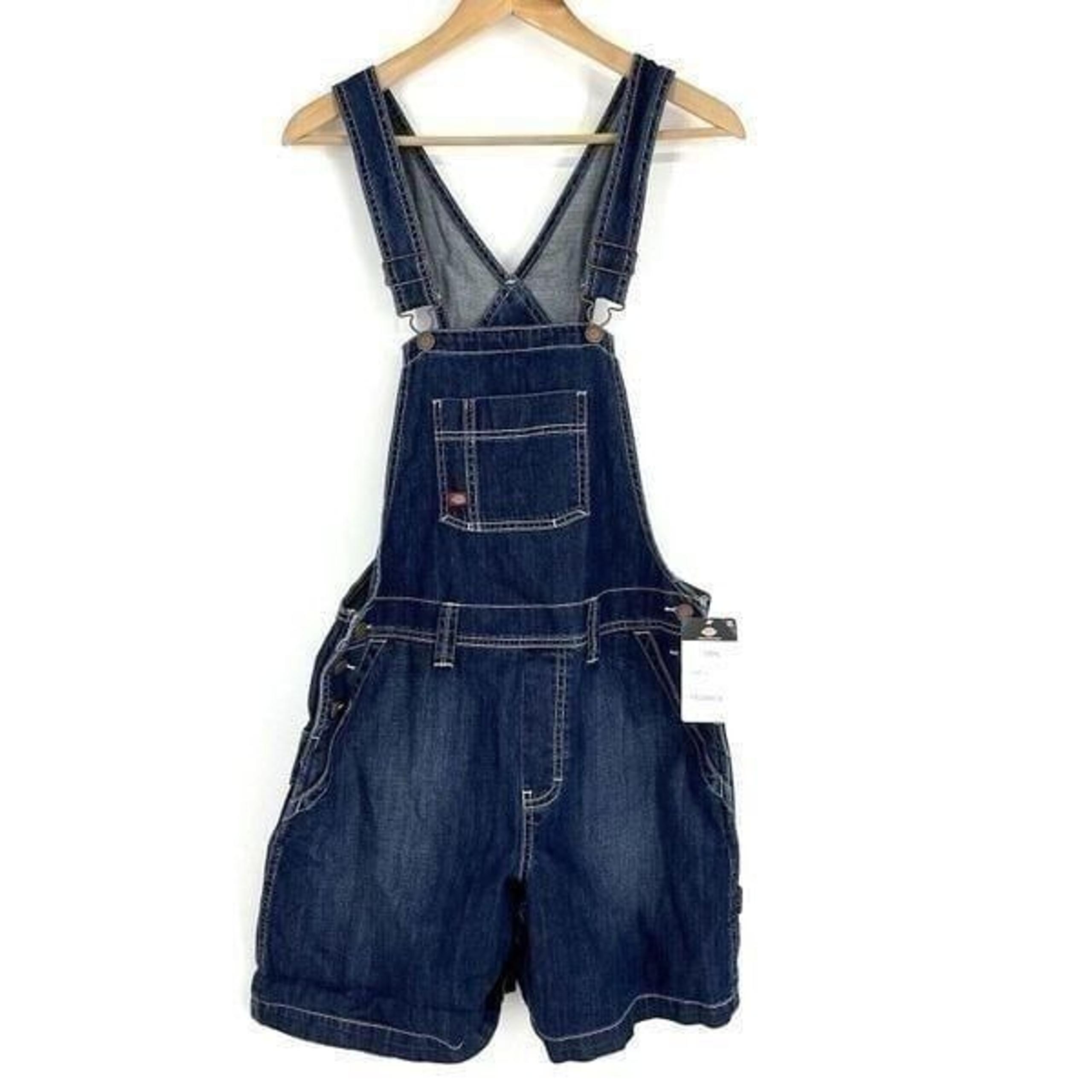 Dickies Shortalls Size Small Womens Dark Wash Denim Relaxed Fit Bib Carpenter