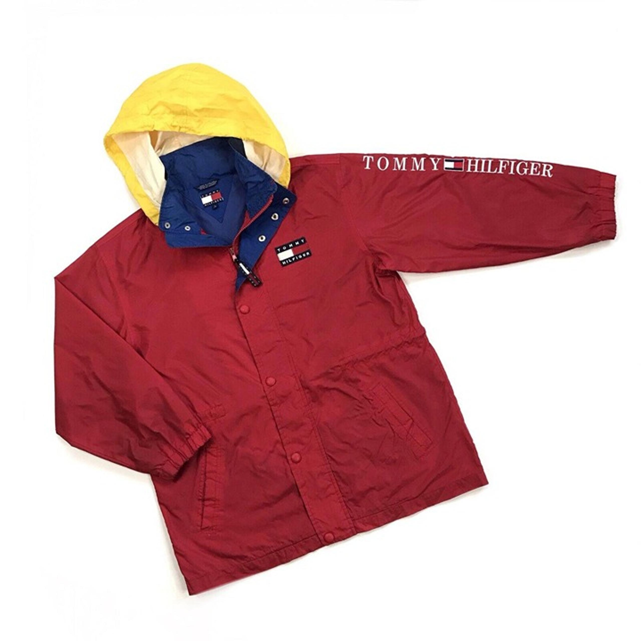 VINTAGE TOMMY HILFIGER WINDBREAKER JACKET LARGE L MENS HOODIE SPELL OUT FULL ZIP