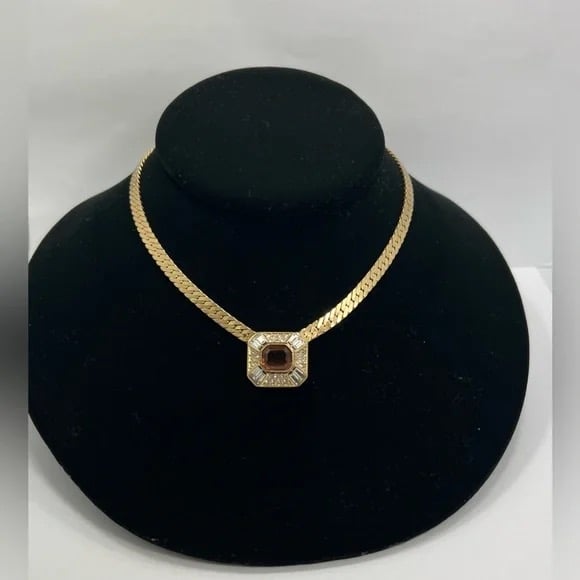 Necklace 1980's Christian Dior Gold Plated Faux Citrine Crystal Link Pendant