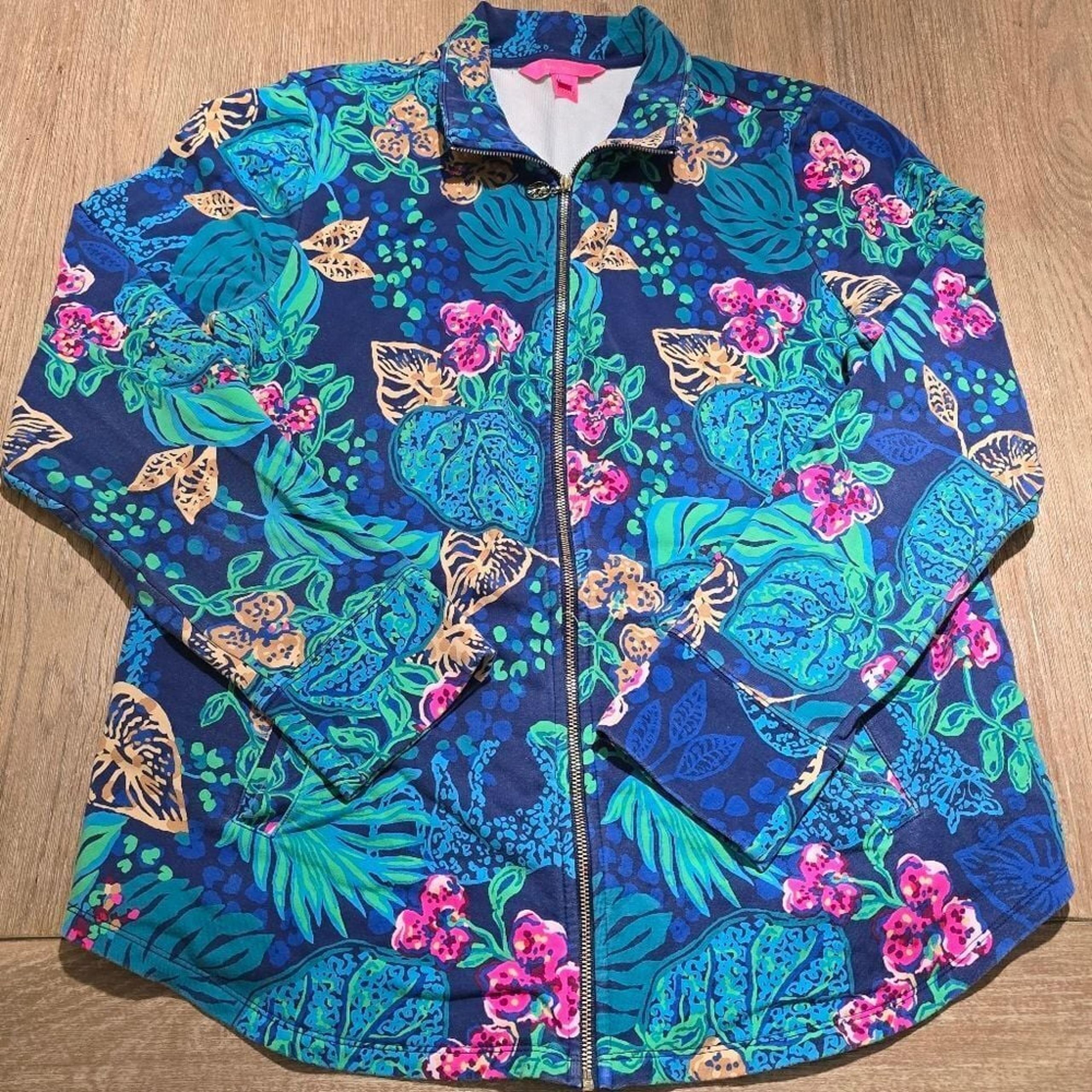Lilly Pulitzer LEONA UPF 50+ ZIP-UP, LOW TIDE NAVY LIFE OF THE PARTY sz L