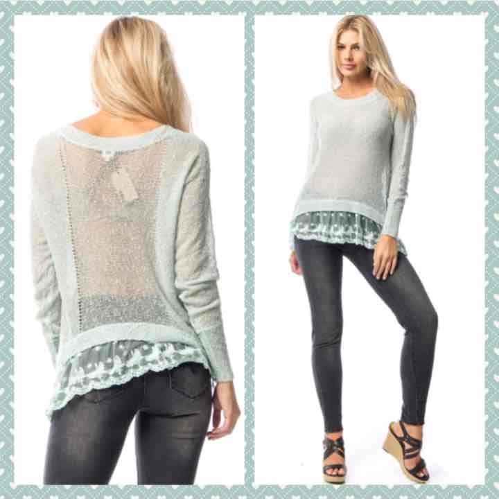 Mint Lace Hem Dolman Sleeve Slub - Large