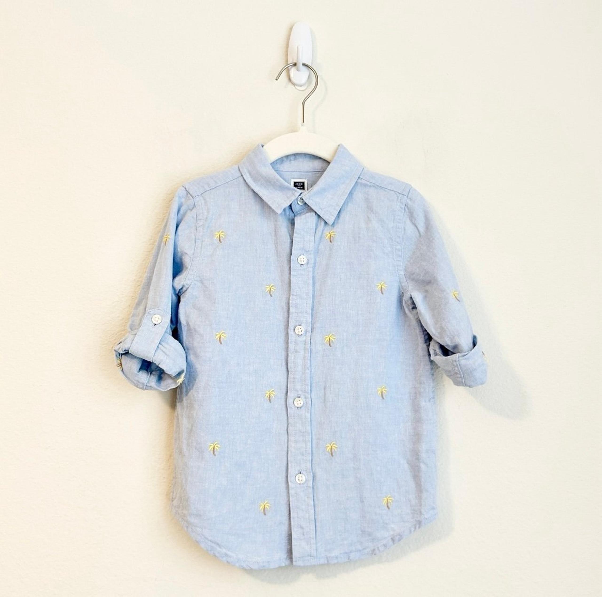 Janie and Jack Boys Palm Tree Linen Blend Oxford Shirt Long Sleeve, Size 3T