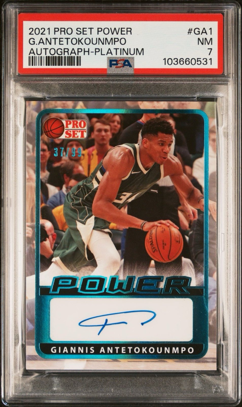 2021 PRO SET POWER G.ANTETOKOUNMPO AUTOGRAPH-PLATINUM /99 PSA 7