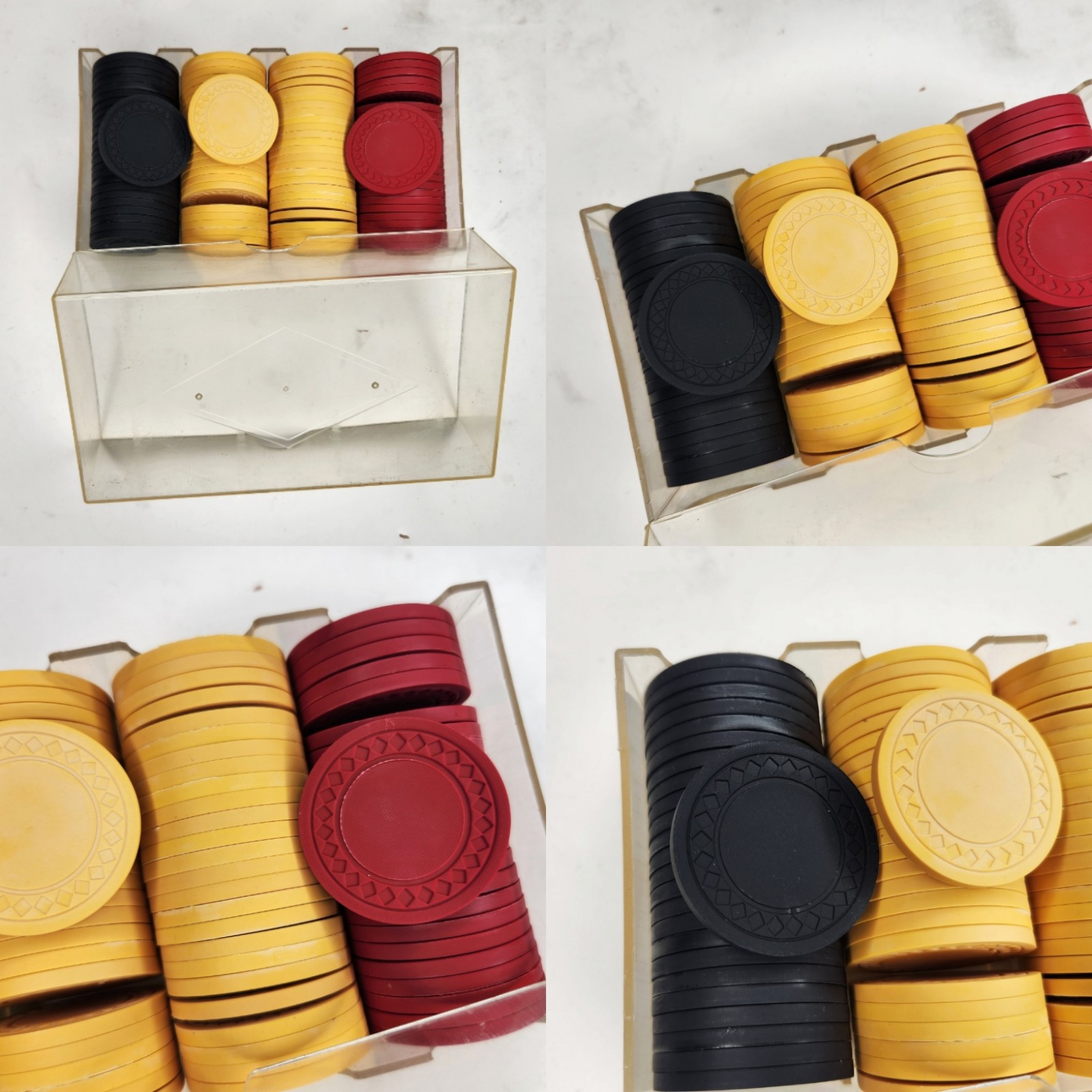 Vintage 100 set Clay Poker Chips Embossed Diamond Red yellow and black with plas